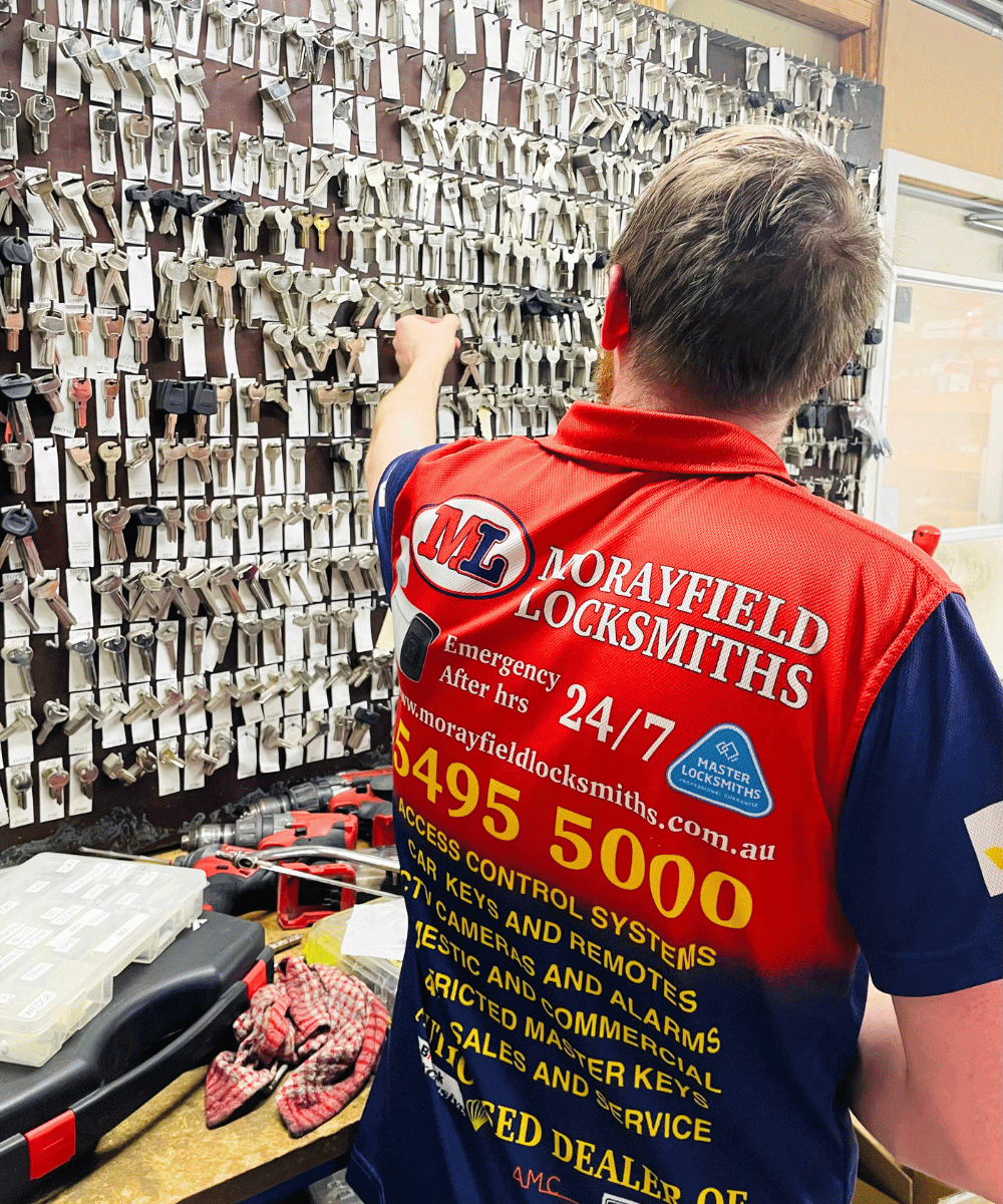Morayfield Locksmiths technician reaching for a key on the key wall providing professional locksmith services in Moreton Bay